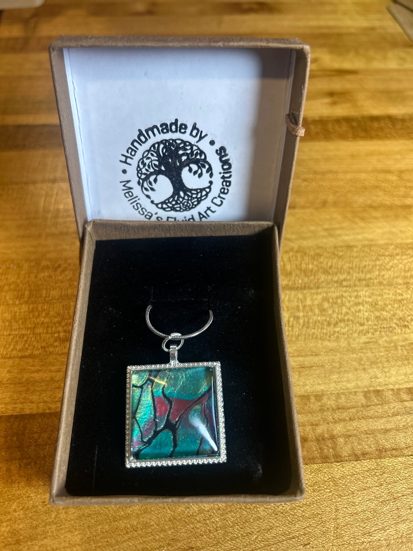 One-of-a-Kind Fluid Art Square Pendant Necklace – Tarnish-Resistant Stainless Steel (18”)
