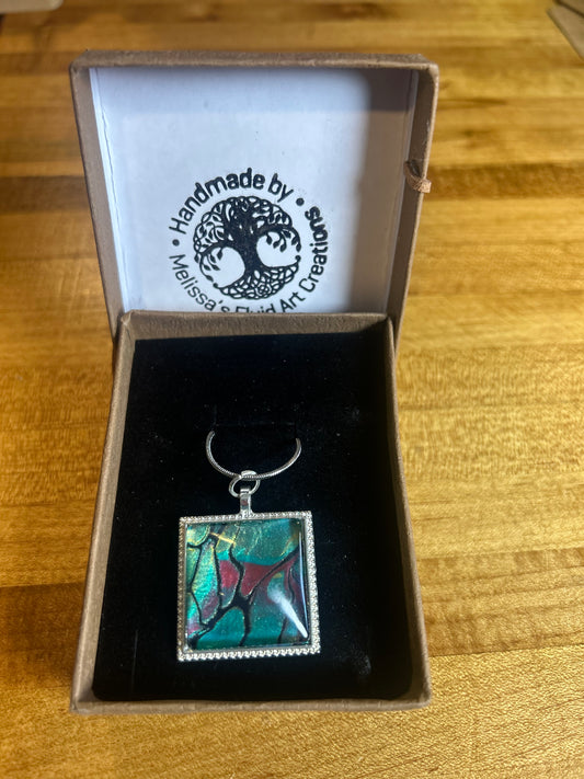 One-of-a-Kind Fluid Art Square Pendant Necklace – Tarnish-Resistant Stainless Steel (18”)