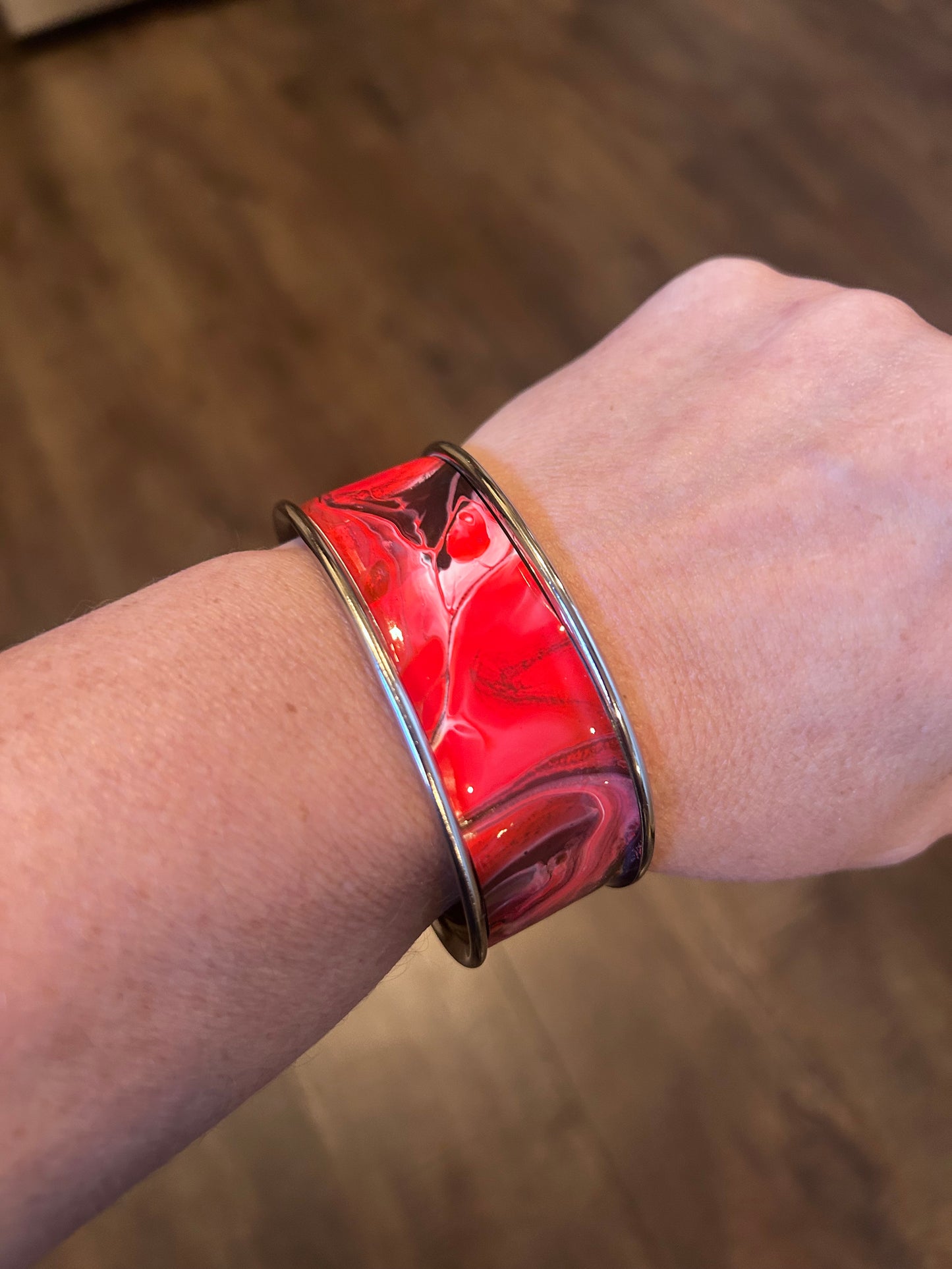 One-of-a-Kind Fluid Art Cuff Bracelet – 1” Wide Black and Red design
