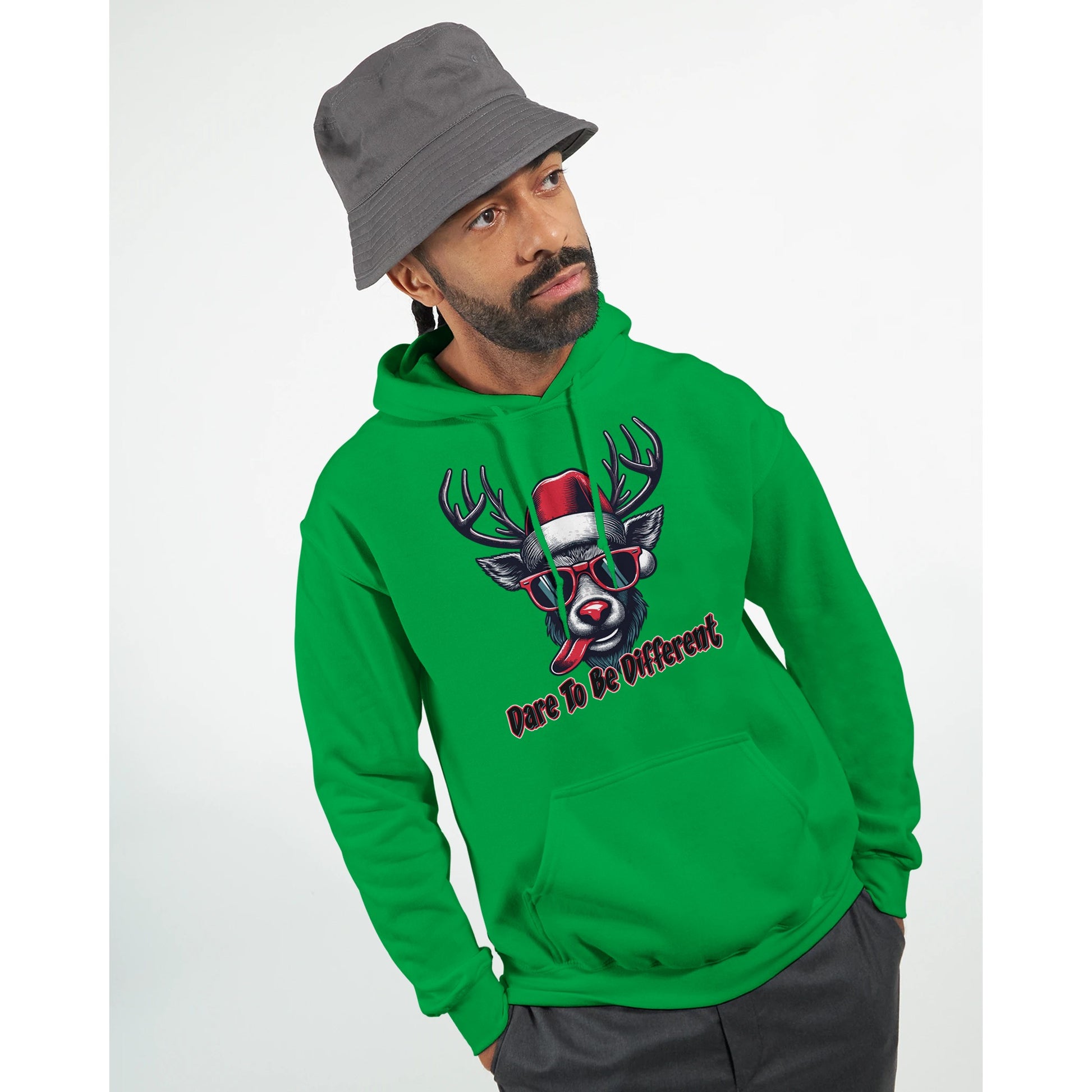 Guy in comfortable Cool Rudolph Christmas Green  Hoodie with  Dare to be different words