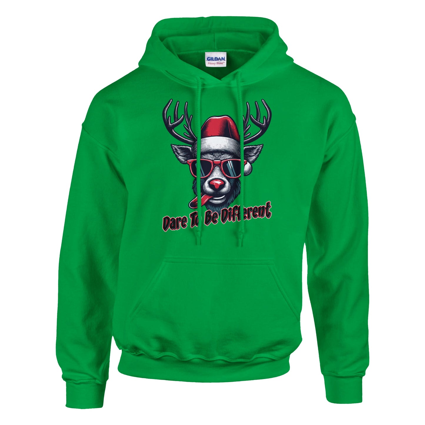 Comfortable Irish green hoodie with Rudolph and Dare to be Different words