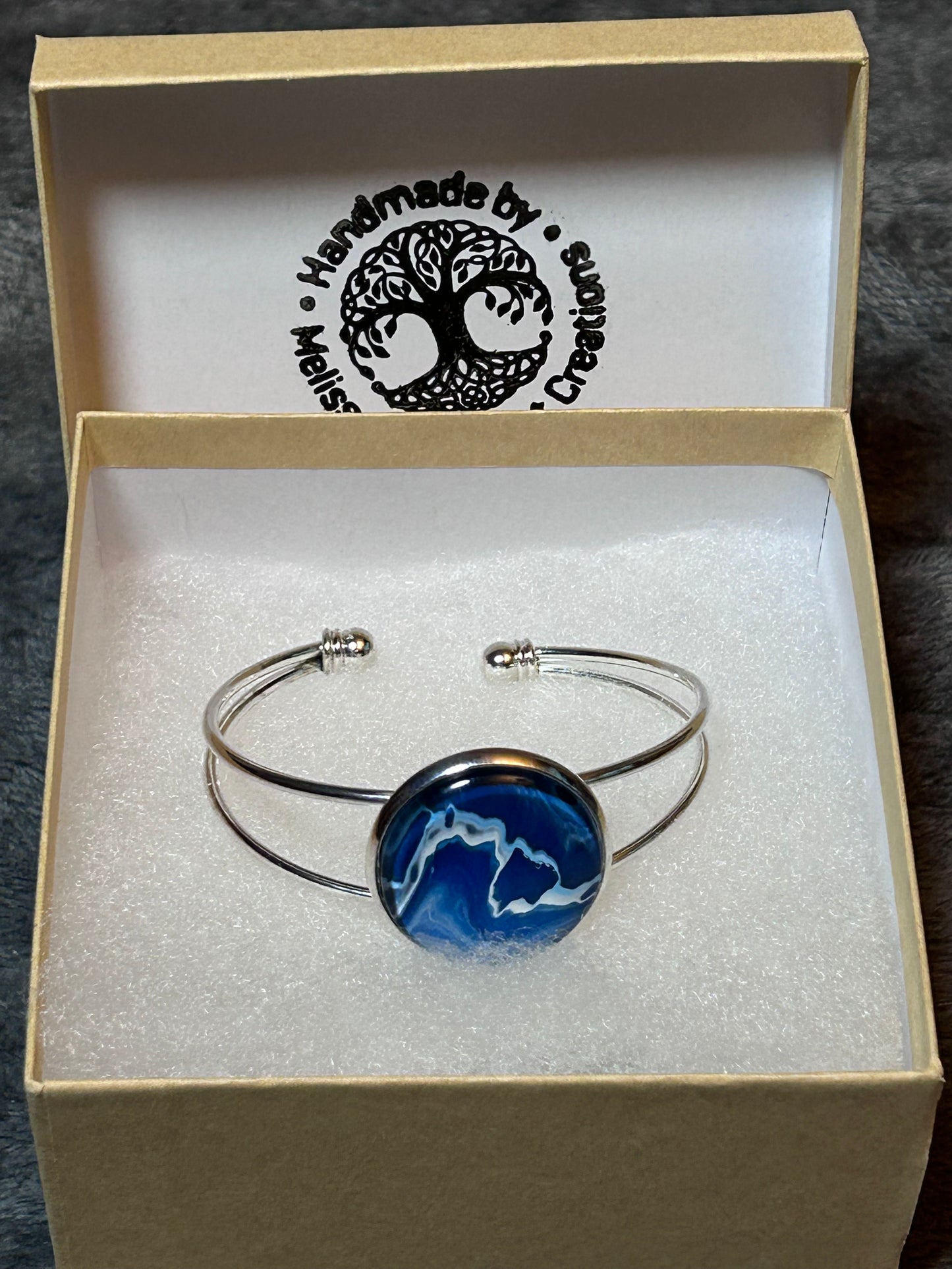 Tarnish-Resistant Adjustable Bangle – One-of-a-Kind Ocean Blue Fluid Art