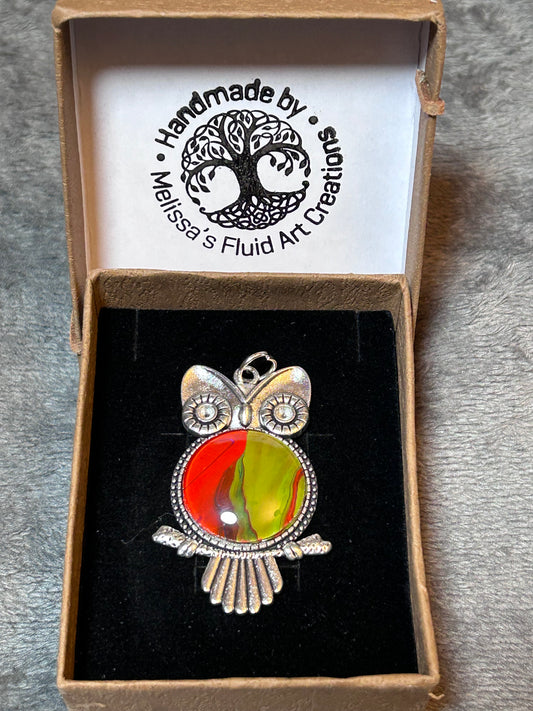 Owl Pendant Red Green Silver