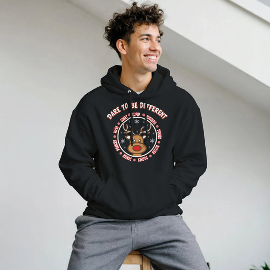 Stand out with Rudolph Hoodie
Man wearing black hoodie with front design pic of Rudolph and the Reindeer names surrounding him. with Dare to be different on it. 