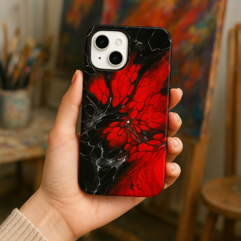 Hand holding a phone case with red and black design in an artistic setting
