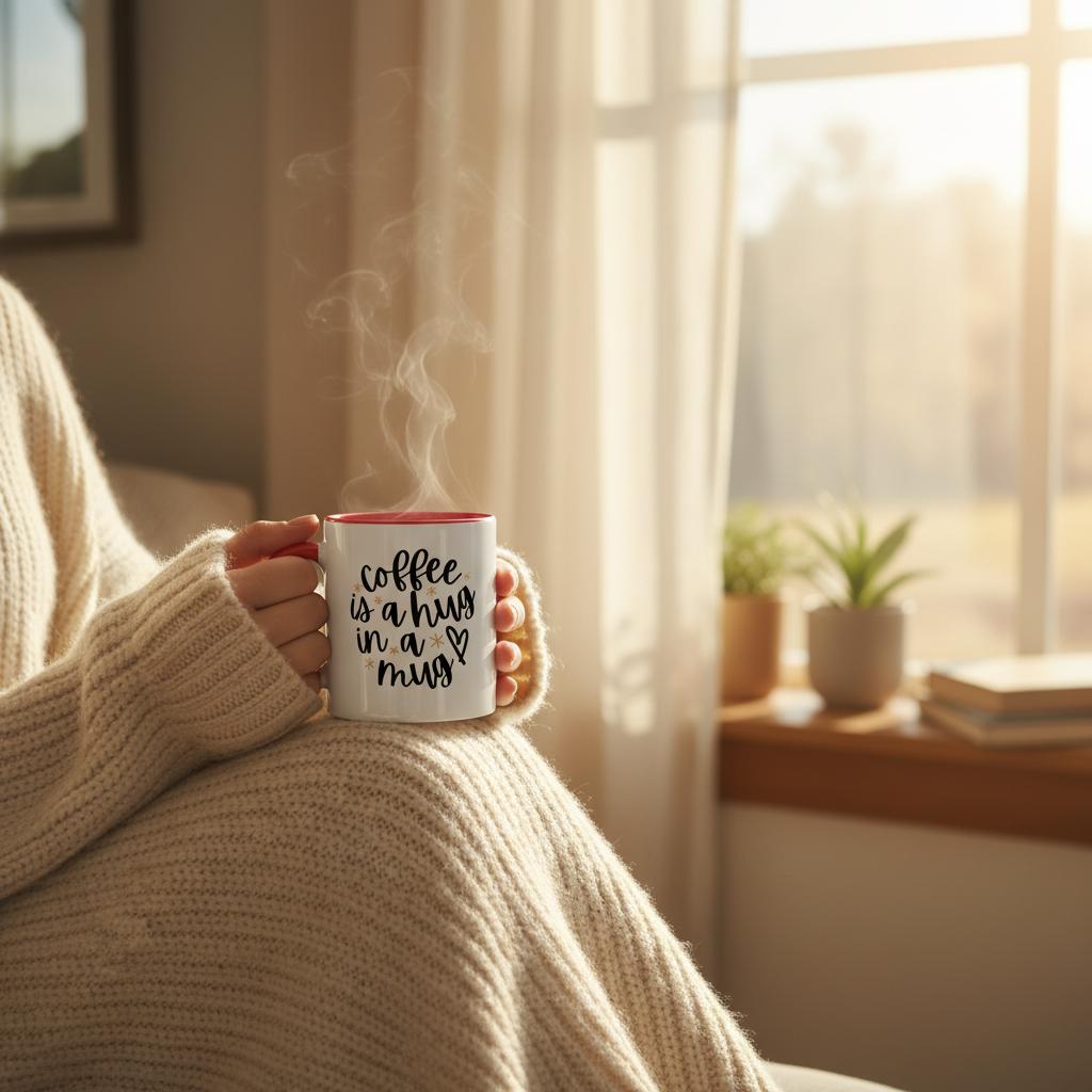 cozy morning. female holding a mug with "Coffee is a hug in a mug" design 