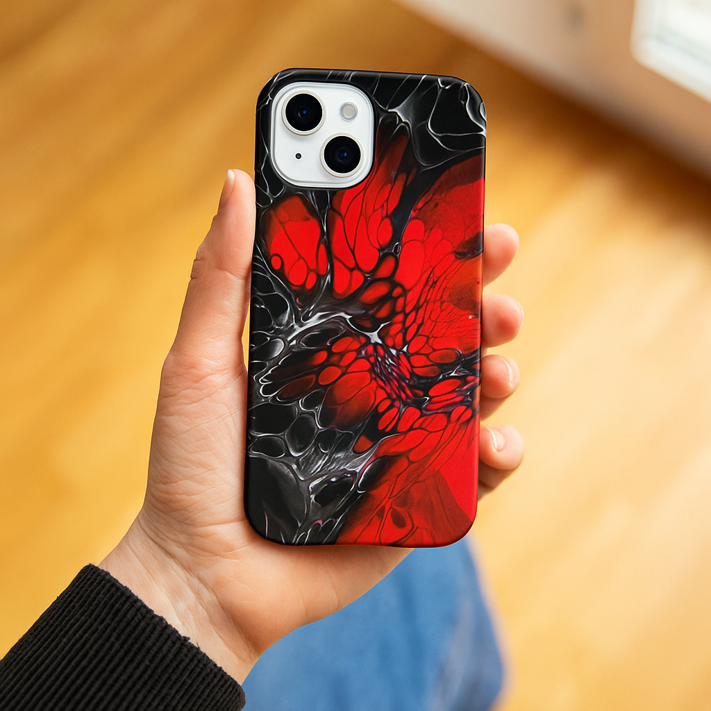 Hand holding a iPhone case with red and black one of a kind abstract fluid art design