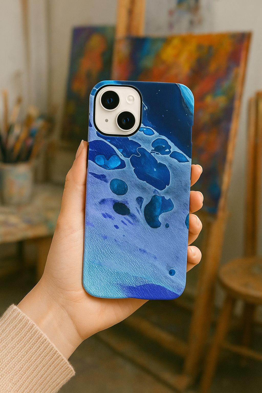 Hand holding an iPhone case with one of a kind design combining fluid art and durability. Blues and purples to give a galaxy feel. 